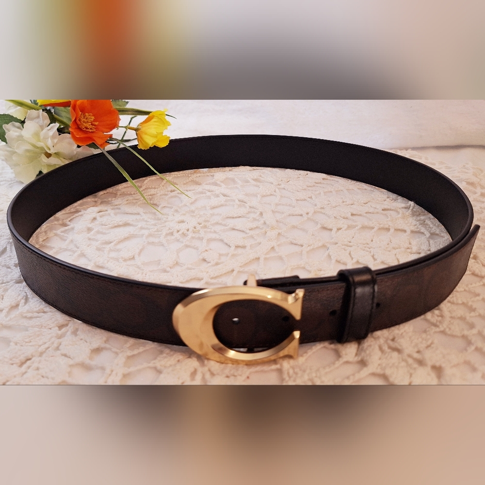 Coach Brown Leather Logo Belt with Gold Buckle